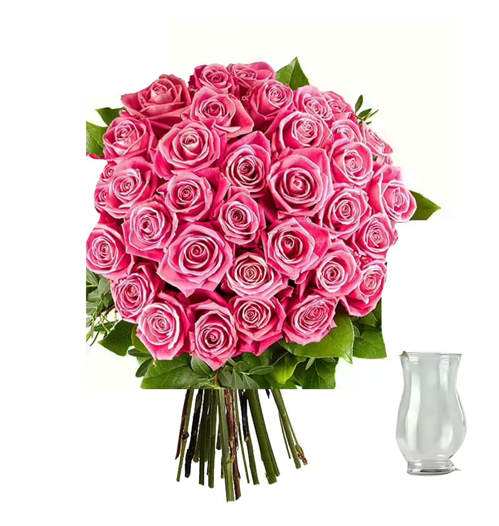 Bouquet Of Pink Roses And Vase