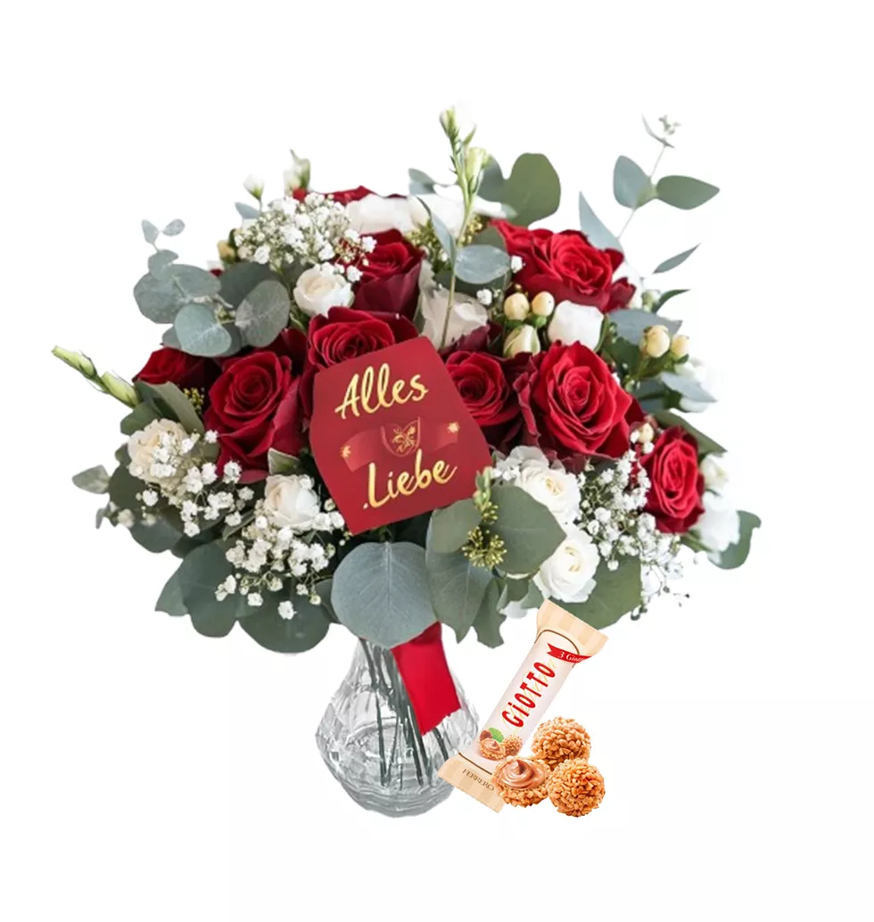 Flower Arrangement in Vase & Chocolates